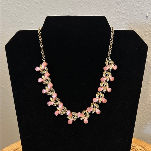 Vintage MCM 1950's Pink and Gold Flower & Leaf Necklace Hook Clasp - Picture 1 of 6